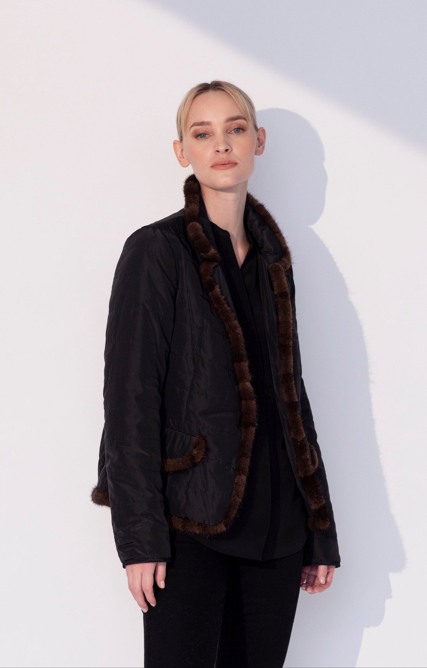 Notch Collar Quilted Jacket with Mink Trim Black/Brown