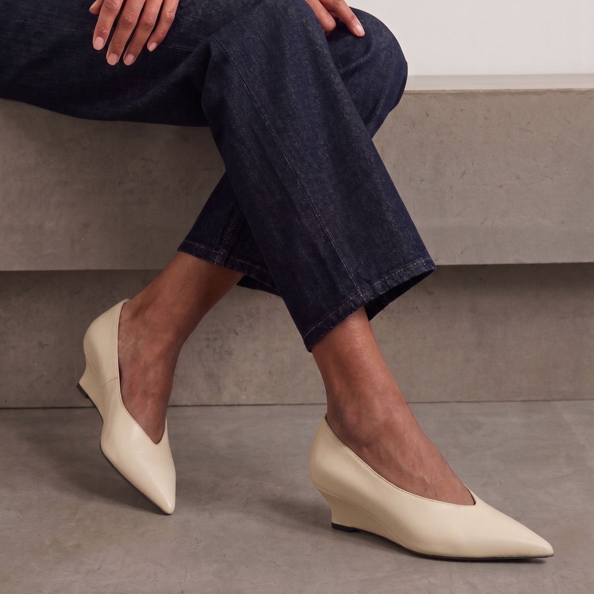 JoJo Leather Wedge Pumps - Bone
