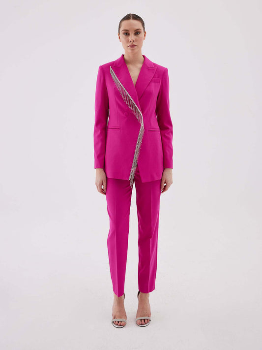 Juste - Bead Detail Fuchsia Blazer and Pants Set